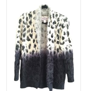 Oliver Fuzzy Cardigan Round Collar Animal Print Black Beige Open Front Size S